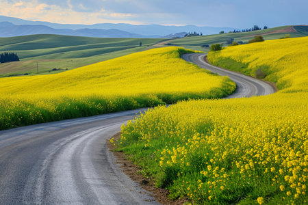 A winding road cuts through a vast field of vibrant yellow flowers, A winding road through bright yellow canola fields, AI Generatedの素材