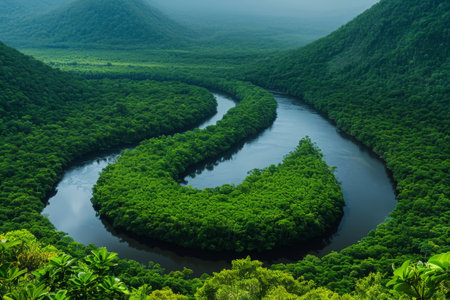 A river cuts through the vibrant green foliage of a dense forest, creating a picturesque scene of natures beauty, A winding river in the heart of the rainforest, AI Generatedの素材