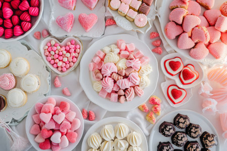 Variety of Heart Shaped Treats on a Table, A whimsical valentine-themed dessert spread with candy hearts and chocolates, AI Generatedの素材