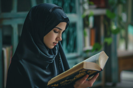 A woman wearing a hijab engages in the act of reading a book, focusing on the words and gaining knowledge, A woman in hijab reading the Quran, AI Generatedの素材