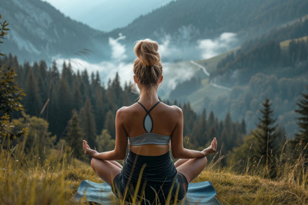 A woman sitting in a yoga position on a mountain, focusing on her breathing and balancing her body, A woman practicing yoga in a peaceful mountain setting, AI Generatedの素材