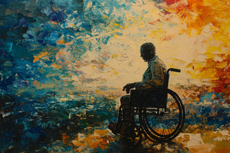 A Painting of a Person in a Wheelchair, A work in the style of impressionism showing a human in a wheelchair, AI Generatedの素材