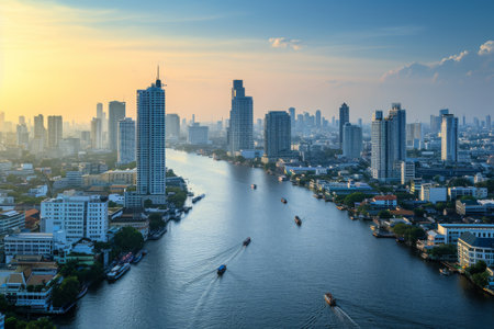A photo capturing a river flowing through a busy cityscape, surrounded by tall buildings, Bangkok's skyline with the Chao Phraya River, AI Generatedの素材