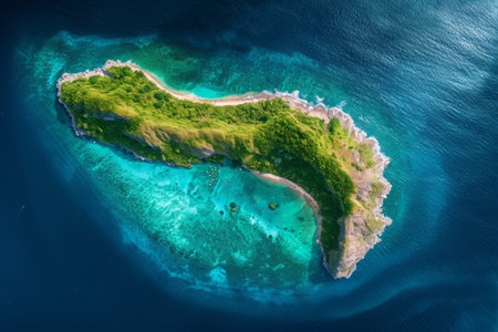An uninhabited island sits alone in the middle of the vast ocean, offering a striking view of natures raw beauty, Beautiful birdÃ¢â¬â¢s eye vision of an island surrounded by turquoise waters, AI Generatedの素材