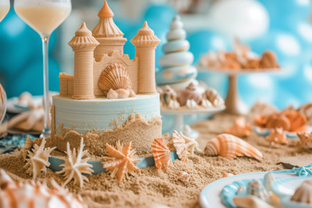 A table is adorned with a cake completely covered in sand, creating an intriguing and unique dessert centerpiece, Beach-themed birthday party complete with sandcastles and seashells, AI Generatedの素材