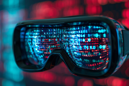 This photo shows a pair of glasses with numerous words covering the lenses and frames, Binary code reflecting on a pair of virtual reality goggles, AI Generatedの素材