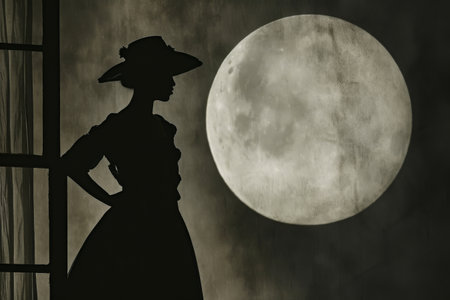 A womans silhouette stands before a full moon, creating a striking contrast against the night sky, Bewitching silhouettes casted by the moonlight, AI Generatedの素材