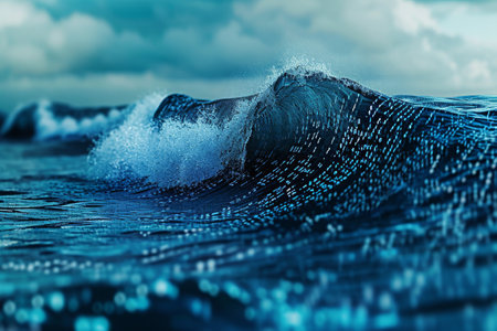 A powerful wave crashes into the ocean on a cloudy day, creating a dynamic and dramatic scene, Binary code depiction of ocean waves, AI Generatedの素材