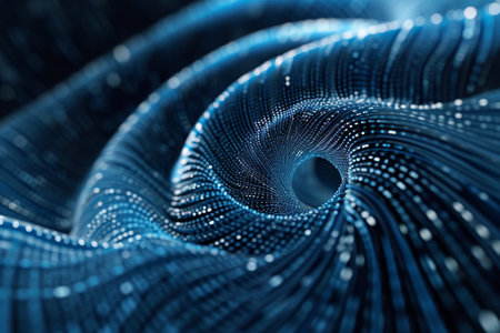 This computer generated image depicts a vibrant blue spiral with dynamic movement and intricate details, Binary code spiraling into the shape of a vortex, AI Generatedの素材