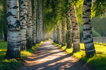 A Path Lined With Trees in a Park, Birch tree alley in a sun-soaked park during summer, AI Generatedの素材