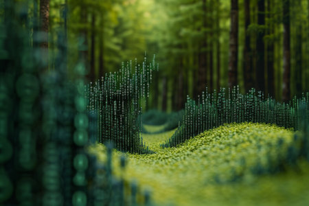 A digitally created image showcasing a pathway cutting through a dense forest, Binary digits forming the shape of a forest, AI Generatedの素材