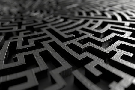 This photo captures a black and white maze, showcasing its intricate pathways and walls, Bird's eye view of a maze made from binary digits, AI Generatedの素材