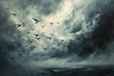 A painting capturing the image of birds in flight against a cloudy sky, Birds fleeing from an approaching storm, AI Generatedの素材
