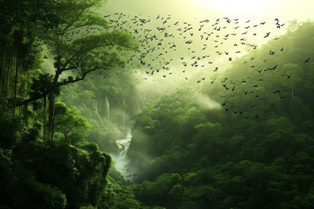 This photo captures a dense forest teeming with a multitude of green trees, Birds flocking over a river cascading through a rainforest, AI Generatedの素材