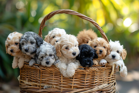 A group of adorable puppies sits together in a basket placed on a table, Basket filled with puppies as part of a birthday celebration, AI Generatedの素材
