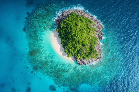 An uninhabited island stands isolated in the vast expanse of the open ocean, surrounded by deep blue waters, Beautiful birdÃ¢â¬â¢s eye vision of an island surrounded by turquoise waters, AI Generatedの素材