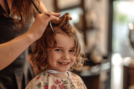 A candid photo of a little girl sitting in a chair while a woman stylist cuts her hair at a salon, A young child getting their hair cut for the first time, smiling in the mirror, AI Generatedの素材