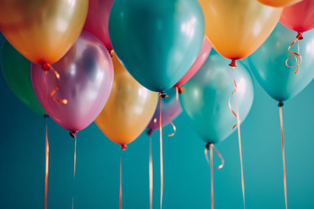 A collection of colorful balloons floating in midair, creating a vibrant and eye-catching spectacle, Balloons with a birthday message spelled out, AI Generatedの素材