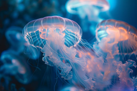 A Group of Jellyfish Floating in the Water, A symphony of jellyfish, creating a play of colors and lights under the sea, AI Generatedの素材
