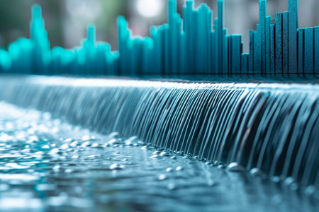 A detailed view of a water feature in the foreground, with buildings visible in the background, A waterfall chart showing changes in equity values, AI Generatedの素材