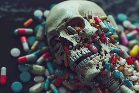 Human Skull Surrounded by Pills and Medications, A surreal portrayal of the effects of opioids on the human body, AI Generatedの素材