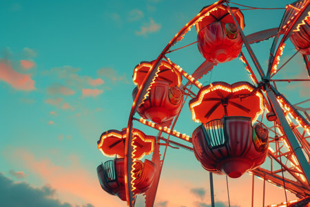 Illuminated Ferris Wheel at Dusk, A whimsical Ferris wheel with lit up heart-shaped cabins, against a twilight sky, AI Generatedの素材