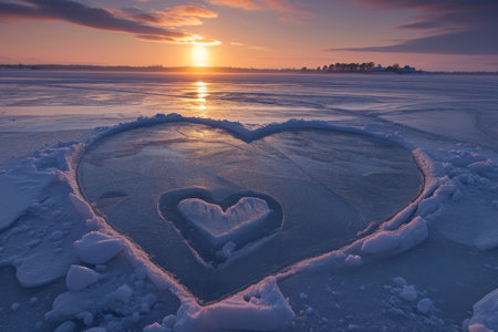 A heart-shaped formation made of ice illuminated by the setting sun, A valentine carved in ice on a frozen lake, AI Generatedの素材