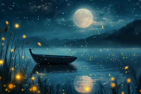 A boat peacefully floats on the surface of a picturesque lake illuminated by the radiant light of a full moon, A small boat floating on a moon-lit lake surrounded by fireflies, AI Generatedの素材