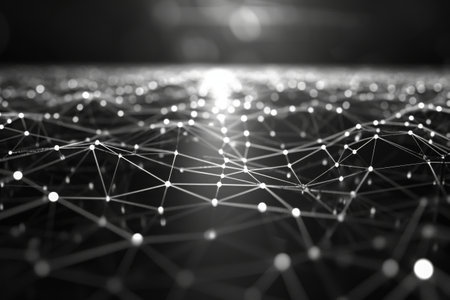 A black and white photograph featuring a composition of various lines and dots, Artistic image of a cyber network in black and white, AI Generatedの素材