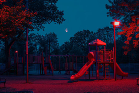 A vibrant playground with a red slide and a red light, inviting children to play and explore, A playground glowing under the soft light of a full moon, AI Generatedの素材