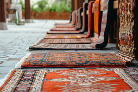 A straight line of multiple rugs placed in a neat row on a concrete sidewalk, A row of prayer rugs, neatly arranged in a tranquil prayer space, AI Generatedの素材