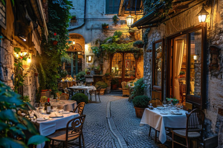 A bustling cobblestone street lined with tables and chairs, creating a vibrant and lively atmosphere, A quaint Italian piazza with tables set for two under the moonlight, AI Generatedの素材