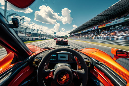 A car races down a track surrounded by a bustling crowd of spectators, A point-of-view perspective from inside the sports car cockpit during a race, AI Generatedの素材
