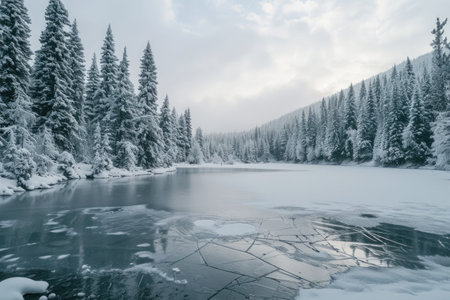 A breathtaking sight of a pristine lake enveloped by snow-laden trees, creating a peaceful winter wonderland, A frozen lake surrounded by snow-covered pine trees, AI Generatedの素材