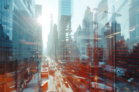 Bustling City Street Lined With Towering Skyscrapers, A double exposure view of future buildingsÃ¢â¬â¢ 3D model and actual construction site, AI Generatedの素材