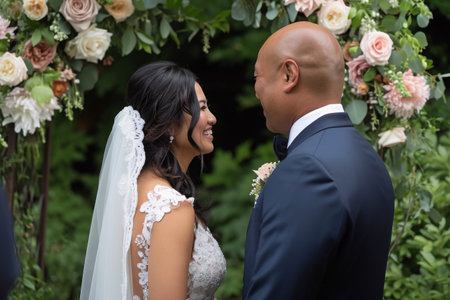 A bride and groom stand together under a beautifully decorated floral arch, Bride and groom saying their vows under a floral arch, AI Generatedの素材