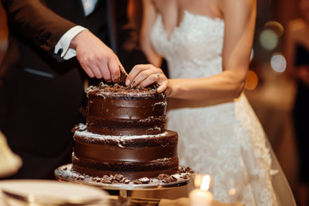 The bride and groom joyfully cutting their wedding cake during their reception celebration, Bride and groom cutting a three-tiered chocolate wedding cake, AI Generatedの素材