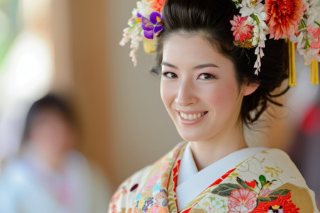 A woman dressed in a traditional kimono is captured smiling directly at the camera, Bride wearing a traditional kimono at a Japanese wedding, AI Generatedの素材