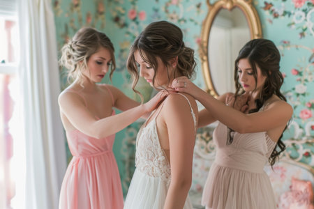 A diverse group of women, wearing different outfits, standing side by side and looking at their reflections in a large mirror, Bridesmaids helping the bride get ready in a pastel room, AI Generatedの素材