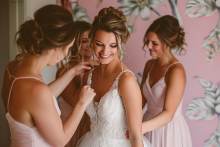 A Bride Preparing for Her Wedding Day, Bridesmaids helping the bride get ready in a pastel room, AI Generatedの素材