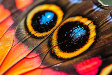 This photo captures a detailed close-up of the vibrant eye of a butterfly, showcasing its intricate patterns and vivid colors, Brightly colored butterfly wing detail, AI Generatedの素材