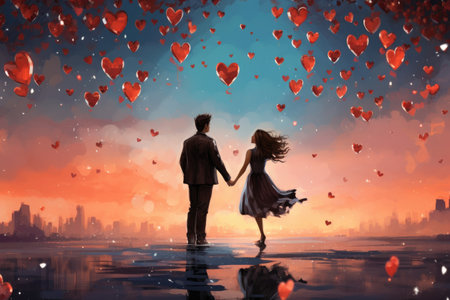A man and a woman stand together, their hands intertwined, with hearts floating in the background, Romantic illustration with couple in love and floating hearts, AI Generatedの素材