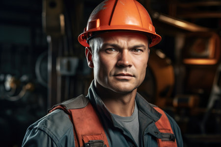 A man wearing a hard hat in a factory setting, ensuring safety and protection while working, Portrait of Industry maintenance engineer man wearing uniform, AI Generatedの素材