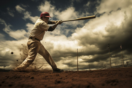 A baseball player in action, swinging a bat and hitting a ball during a game in a stadium, Man playing softball, AI Generatedの素材