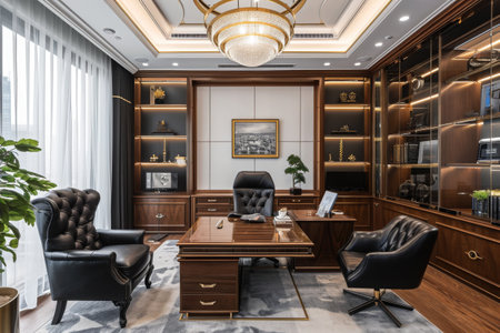 A photograph showcasing an office space with a desk, chairs, and shelves neatly arranged, Business office with a blend of traditional and modern elements, AI Generatedの素材