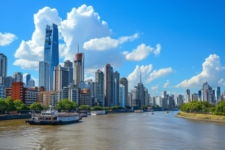 A boat is captured in motion as it travels down a river, bordered by towering buildings, Buenos Aires's skyline with river Plate in backdrop, AI Generatedの素材