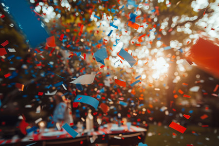 Colorful confetti falls from a sky filled with confetti, creating a vibrant and festive atmosphere, Bright red, white, and blue confetti floating over a 4th of July picnic, AI Generatedの素材