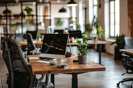 An open laptop computer sits on top of a wooden table, ready for use, Business office with clusters of workstations, AI Generatedの素材