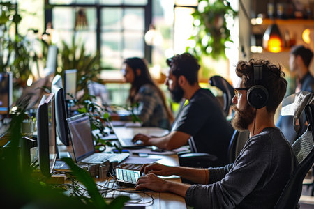 A man wearing headphones sits in front of a computer, focusing on his work or entertainment, Business office with employees working on computers, AI Generatedの素材