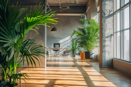 This photo depicts a well-lit room with numerous windows and an abundance of plants, Business office with plants and greenery, AI Generatedの素材
